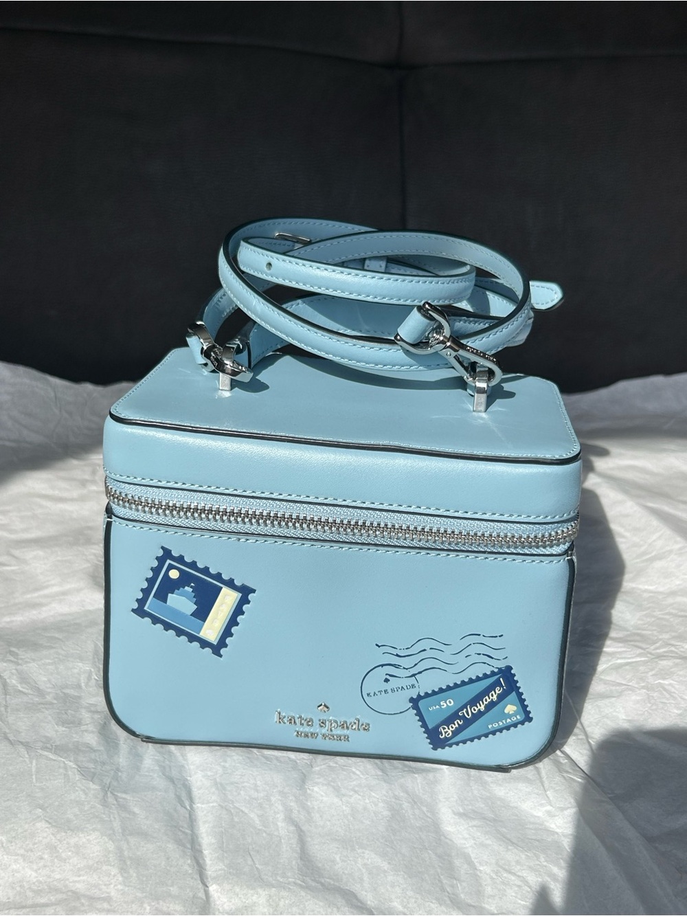 NWT Kate Spade New York Leather Stamp Prints Crossbody Travel Case Bag Aqua
